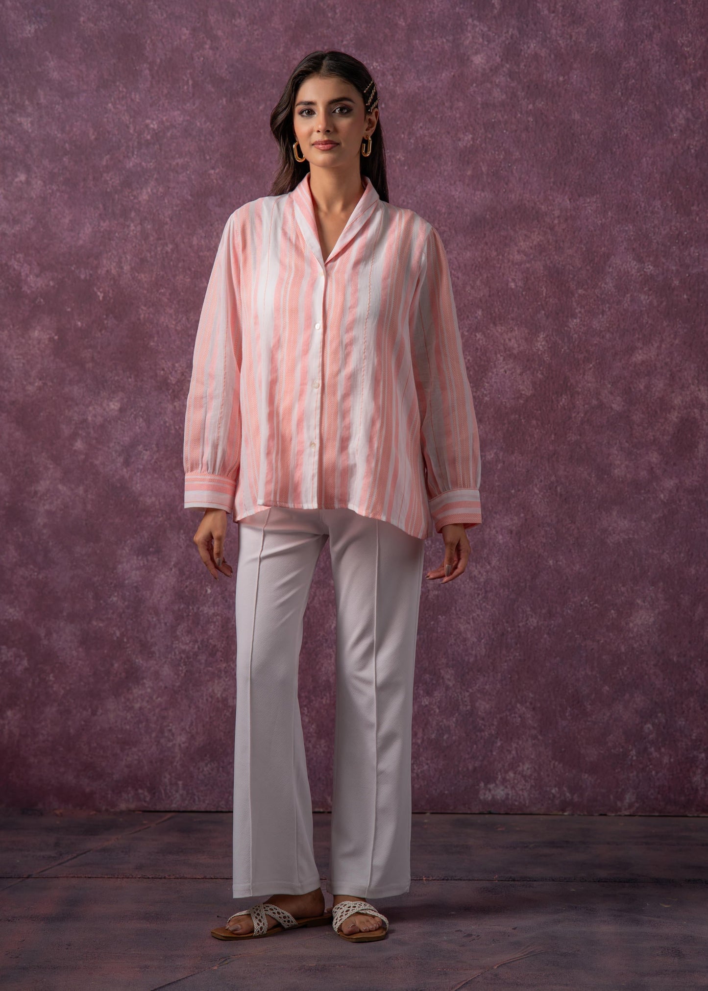 Juniper Lamora Peach & White Vertical Striped Relaxed-Fit Button-Down Shirt - Distacart