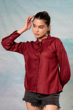 Thumbnail for Juniper Lamora Maroon Textured High-Neck Pleated Sleeve Shirt - Distacart