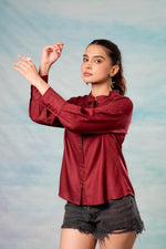 Thumbnail for Juniper Lamora Maroon Textured High-Neck Pleated Sleeve Shirt - Distacart