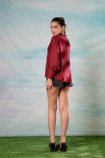 Thumbnail for Juniper Lamora Maroon Textured High-Neck Pleated Sleeve Shirt - Distacart