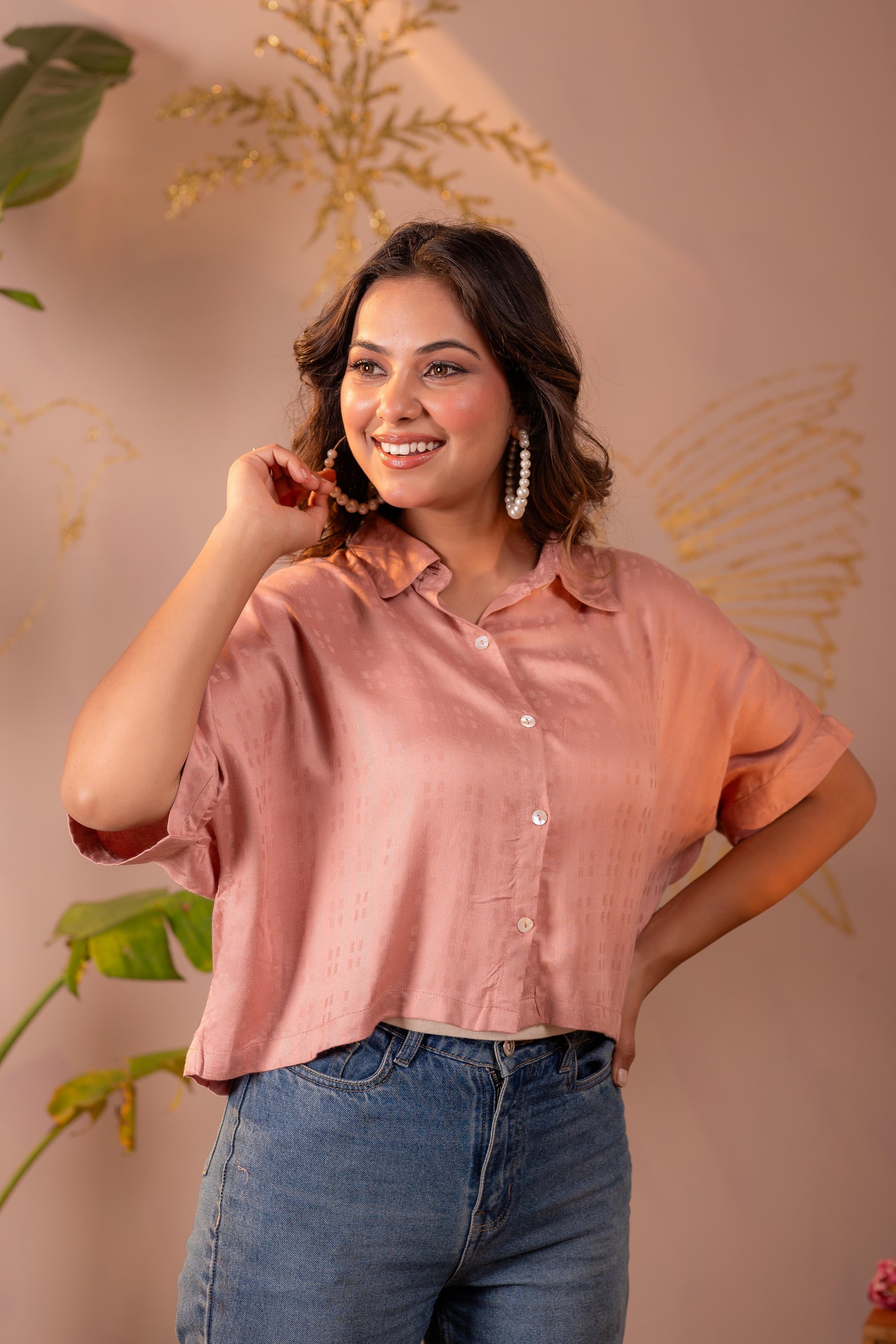 Juniper Lamora Rose Gold Textured Casual Shirt Top - Distacart