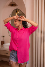 Thumbnail for Juniper Lamora Hot Pink Solid Casual Oversized Shirt For Women - Distacart