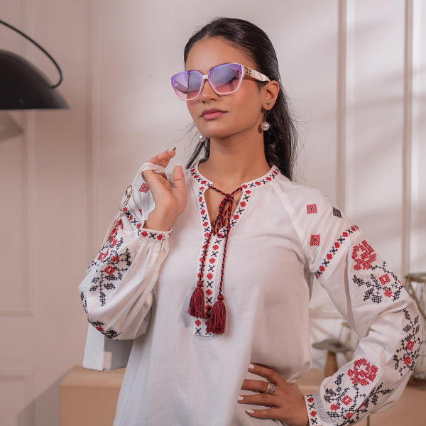 Juniper Lamora Off-White Boho Folk Peasant Top With Tassel Tie-Up Neck - Distacart