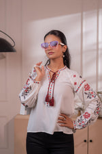 Thumbnail for Juniper Lamora Off-White Boho Folk Peasant Top With Tassel Tie-Up Neck - Distacart
