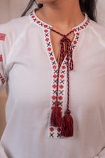 Thumbnail for Juniper Lamora Off-White Boho Folk Peasant Top With Tassel Tie-Up Neck - Distacart