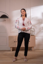 Thumbnail for Juniper Lamora Off-White Boho Folk Peasant Top With Tassel Tie-Up Neck - Distacart