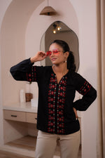 Thumbnail for Juniper Lamora Black Boho Embroidered Tunic With Geometric Red Motifs - Distacart