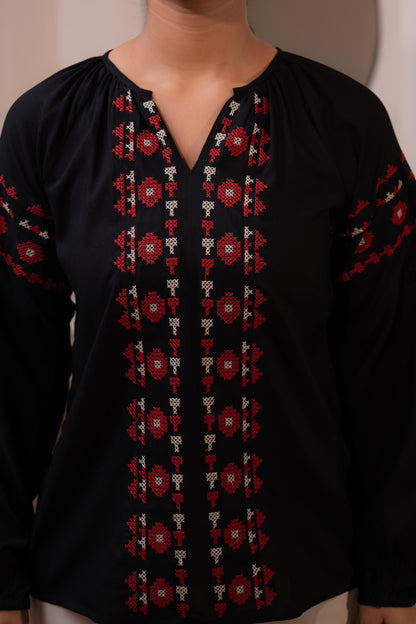 Juniper Lamora Black Boho Embroidered Tunic With Geometric Red Motifs - Distacart