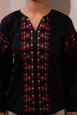 Thumbnail for Juniper Lamora Black Boho Embroidered Tunic With Geometric Red Motifs - Distacart
