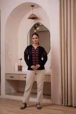 Thumbnail for Juniper Lamora Black Boho Embroidered Tunic With Geometric Red Motifs - Distacart