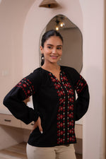 Thumbnail for Juniper Lamora Black Boho Embroidered Tunic With Geometric Red Motifs - Distacart