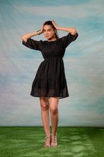 Thumbnail for Juniper Lamora Black Chevron-Sheer Fit & Flare Mini Dress - Distacart