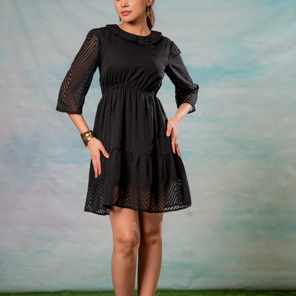 Juniper Lamora Black Chevron-Sheer Fit & Flare Mini Dress - Distacart