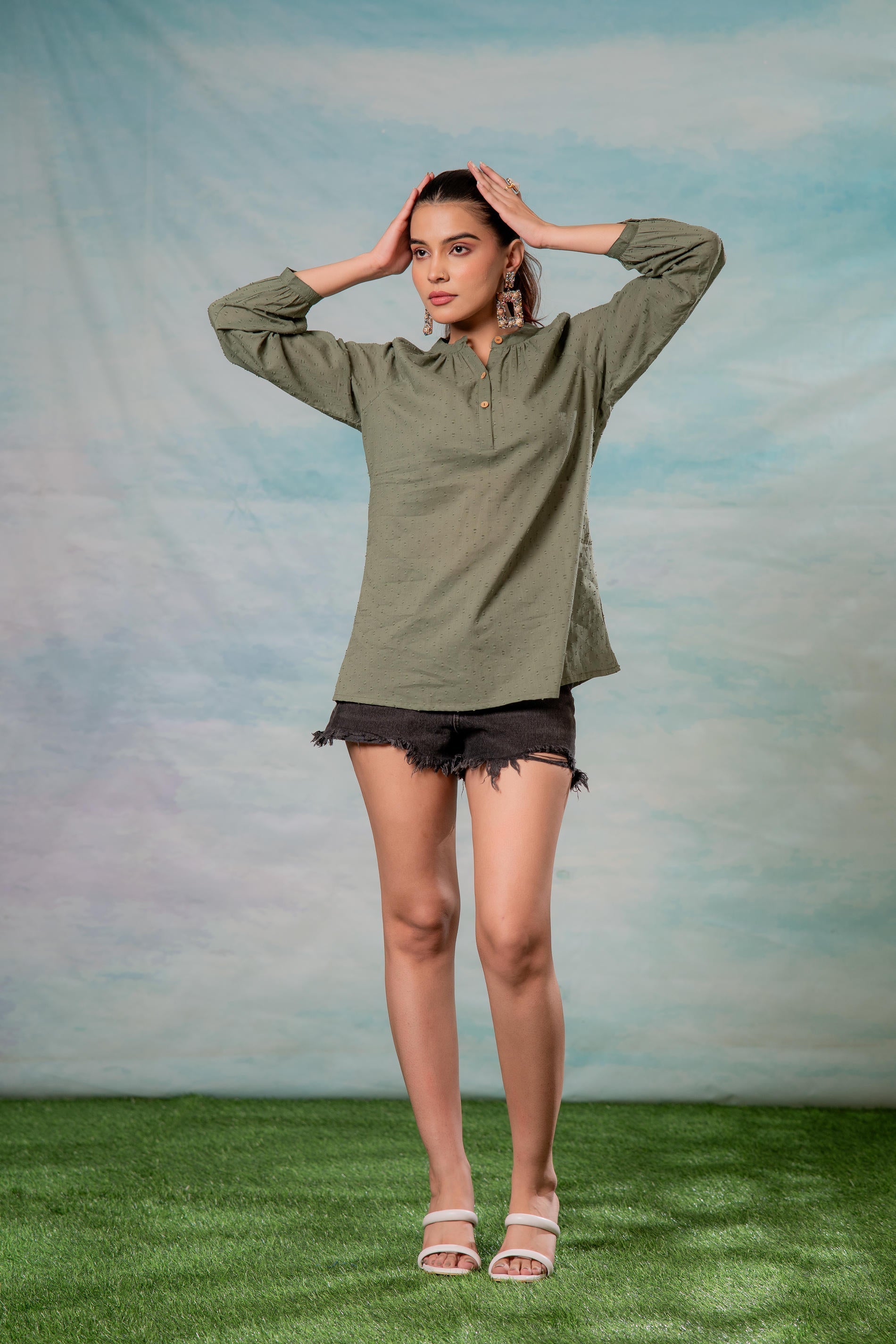 Juniper Lamora Olive Green Dobby-Textured Casual Tunic Top - Distacart