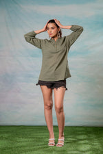 Thumbnail for Juniper Lamora Olive Green Dobby-Textured Casual Tunic Top - Distacart