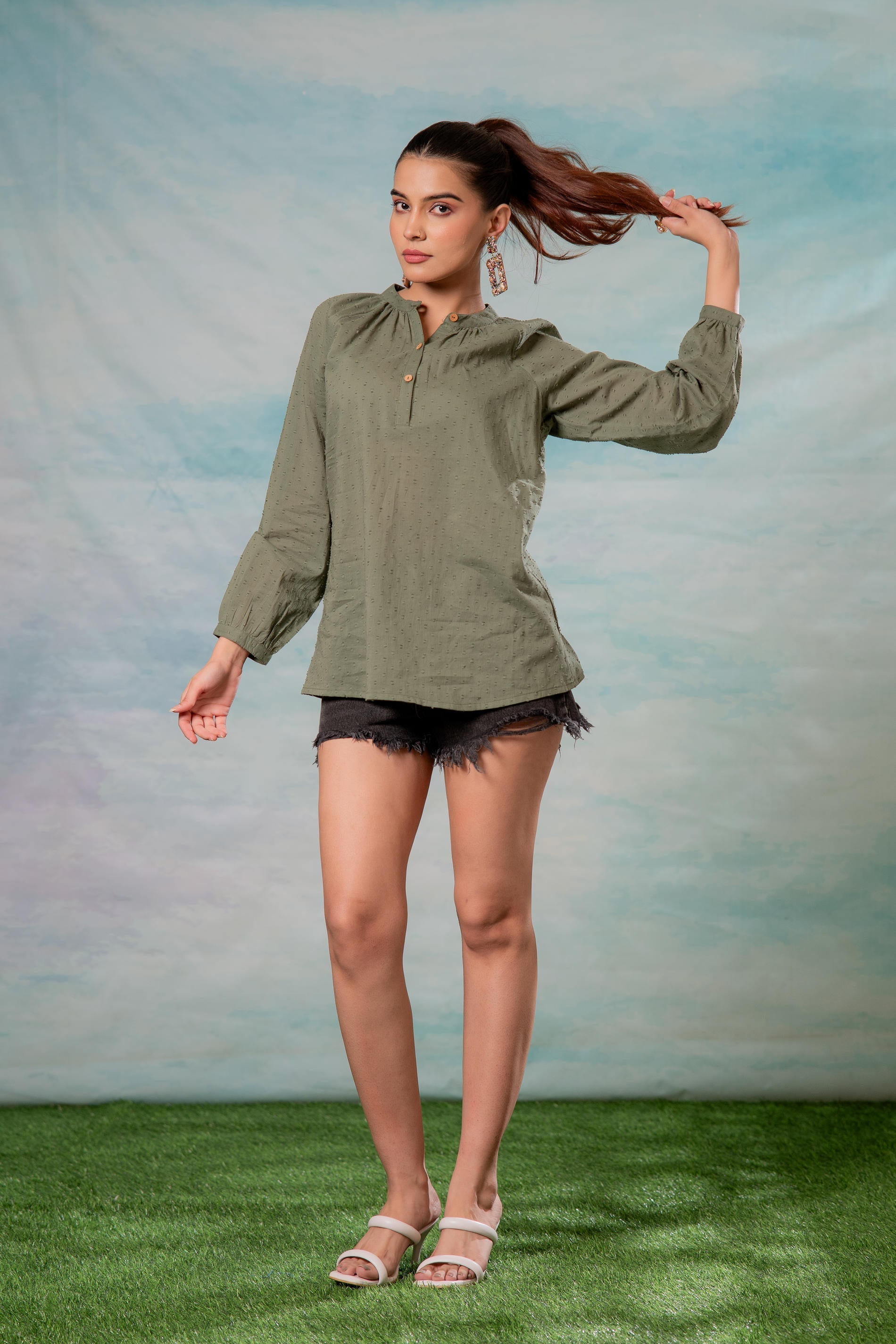 Juniper Lamora Olive Green Dobby-Textured Casual Tunic Top - Distacart