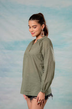 Thumbnail for Juniper Lamora Olive Green Dobby-Textured Casual Tunic Top - Distacart