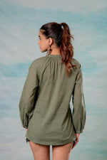 Thumbnail for Juniper Lamora Olive Green Dobby-Textured Casual Tunic Top - Distacart