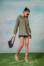 Thumbnail for Juniper Lamora Olive Green Dobby-Textured Casual Tunic Top - Distacart