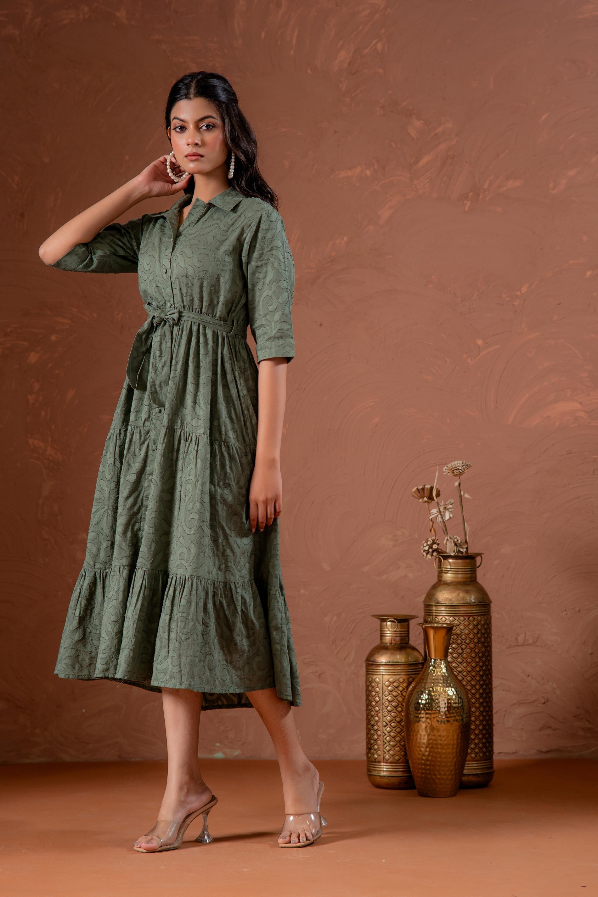 Buy Juniper Sage Green Jacquard Tiered Shirt Dress With Waist Tie Online at Low Prices