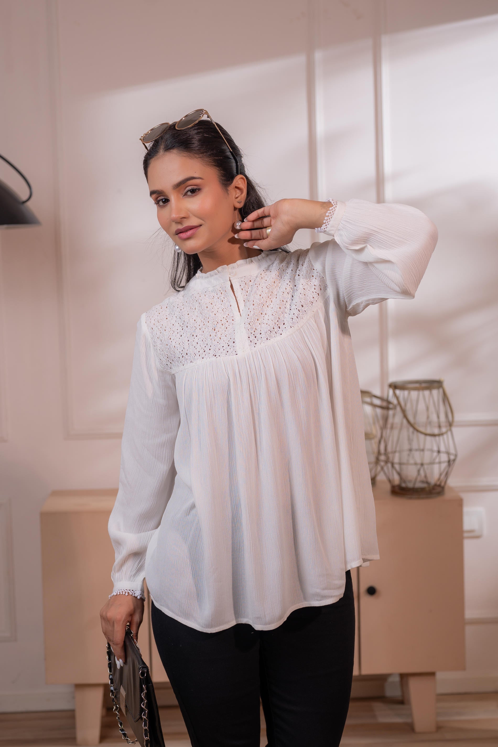 Juniper Lamora Off-White Eyelet Yoke Gathered Peasant Top - Distacart