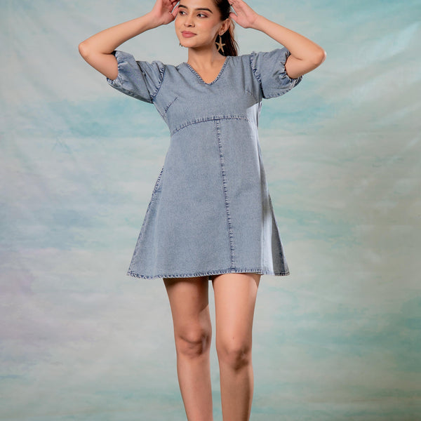 Juniper Lamora Light Blue Denim A-Line Mini Dress With Puff Sleeves - Distacart