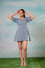 Thumbnail for Juniper Lamora Light Blue Denim A-Line Mini Dress With Puff Sleeves - Distacart