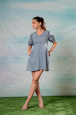Thumbnail for Juniper Lamora Light Blue Denim A-Line Mini Dress With Puff Sleeves - Distacart