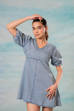Thumbnail for Juniper Lamora Light Blue Denim A-Line Mini Dress With Puff Sleeves - Distacart