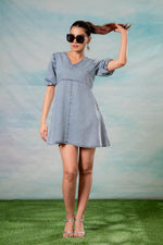 Thumbnail for Juniper Lamora Light Blue Denim A-Line Mini Dress With Puff Sleeves - Distacart