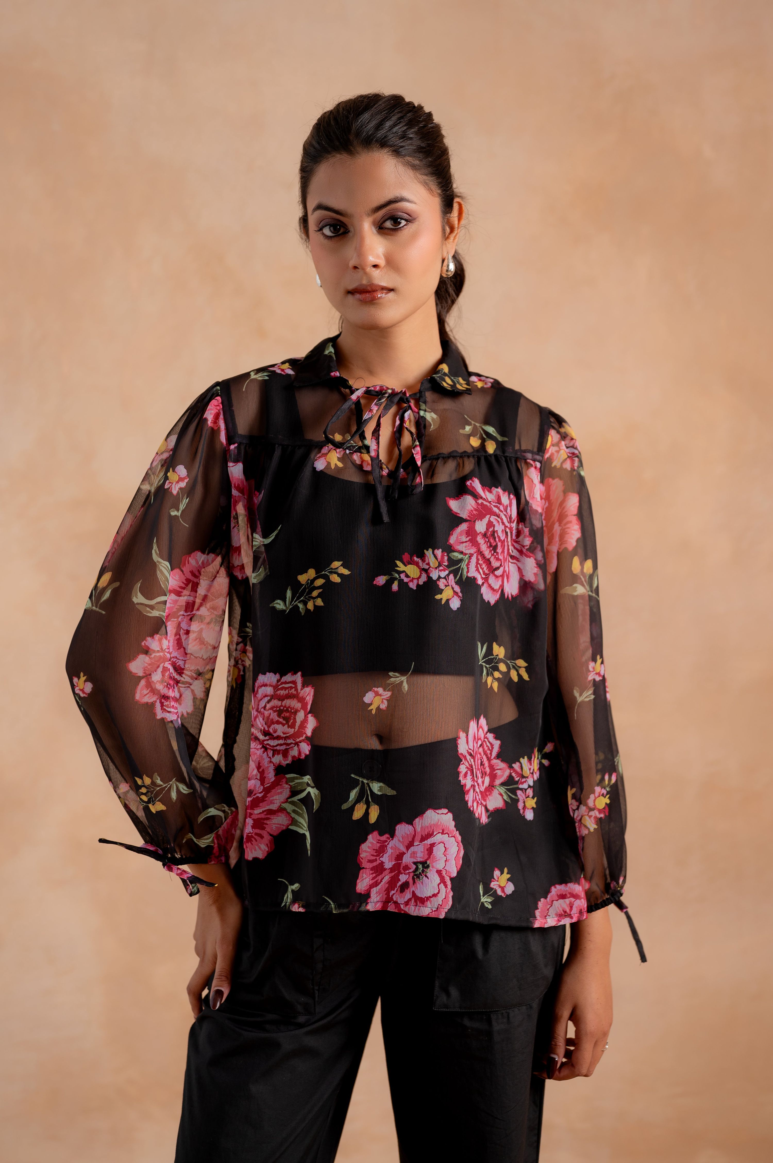 Juniper Lamora Black Sheer Floral Tie-Neck Statement Top - Distacart