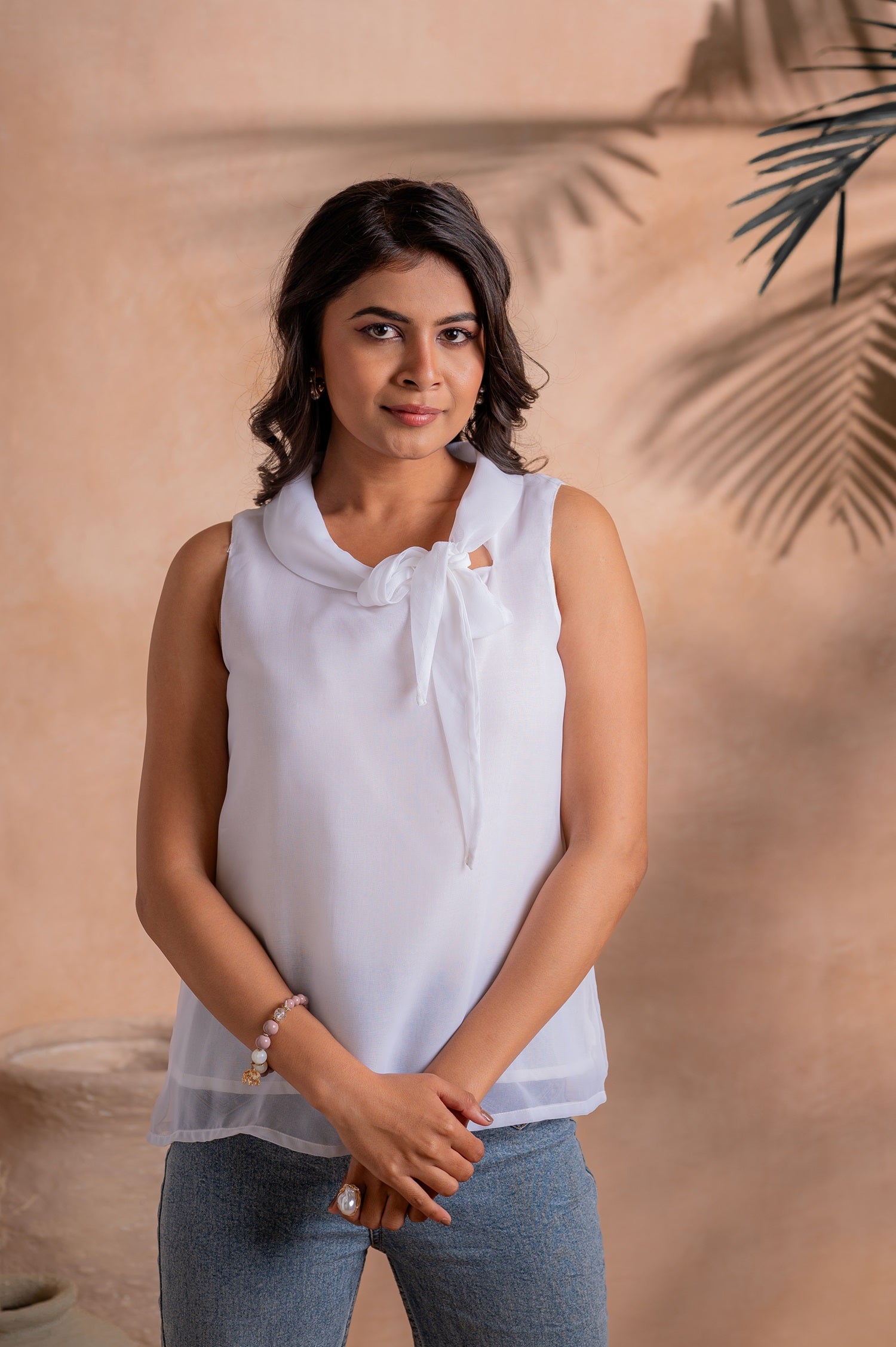 Juniper Lamora Elegant White Sleeveless Bow-Neck Layered Hem Top - Distacart
