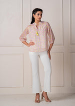 Thumbnail for Juniper Lamora Pastel Floral Tie-Neck Peasant Top With Tassels - Distacart