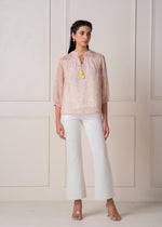 Thumbnail for Juniper Lamora Pastel Floral Tie-Neck Peasant Top With Tassels - Distacart