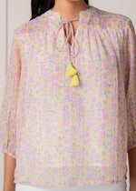 Thumbnail for Juniper Lamora Pastel Floral Tie-Neck Peasant Top With Tassels - Distacart