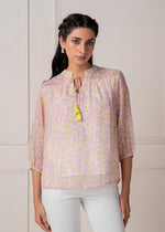 Thumbnail for Juniper Lamora Pastel Floral Tie-Neck Peasant Top With Tassels - Distacart