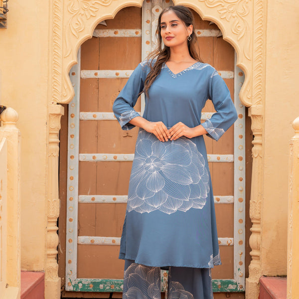 Juniper Women'S Printed Blue Viscose Kurta With Pant