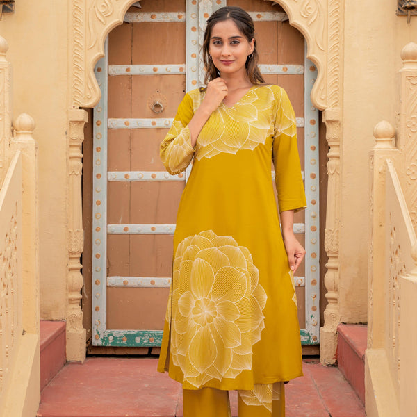 Juniper Women'S Printed Mustard Blue Viscose Kurta With Pant
