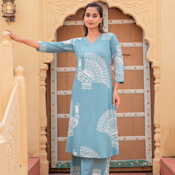 Juniper Women'S Printed Powder Blue Viscose Kurta With Pant