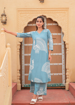 Juniper Women'S Printed Powder Blue Viscose Kurta With Pant