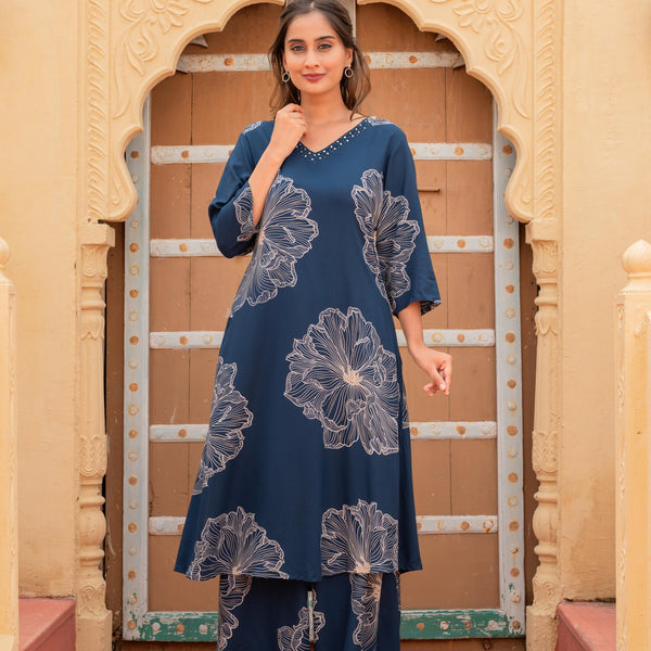 Juniper Women'S Printed Navy Viscose Kurta With Pant