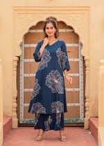 Thumbnail for Juniper Women'S Navy Floral Print Viscose Kurta & Pant Set With Sequin And Bead Work