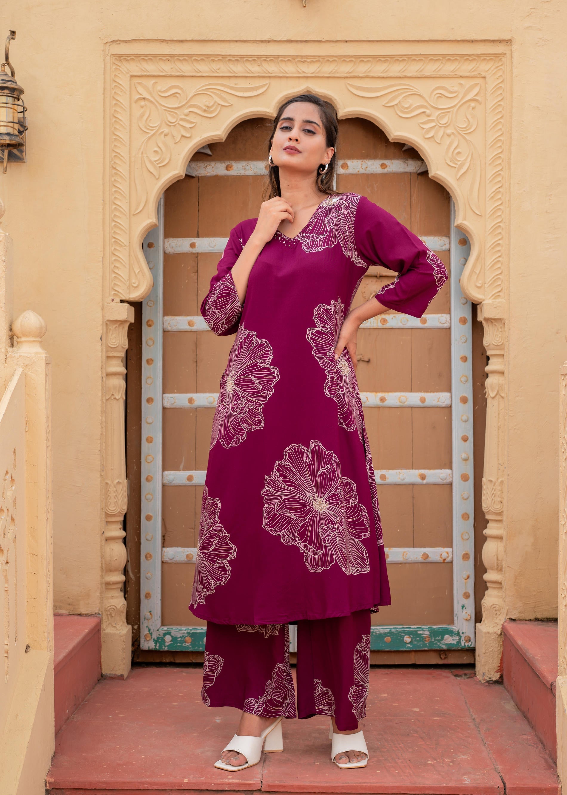 Juniper Women'S Wine Viscose Kurta With Pant