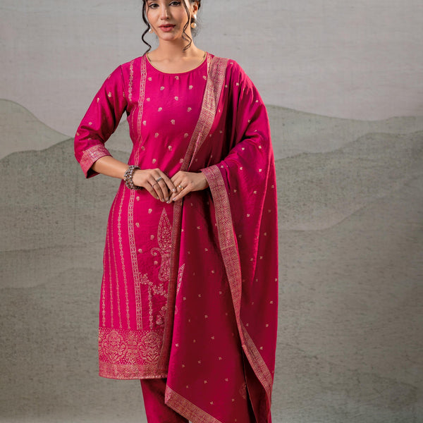 Juniper Fuchsia Foil-Print Straight Kurta Set With Pant & Ornate Dupatta - Distacart