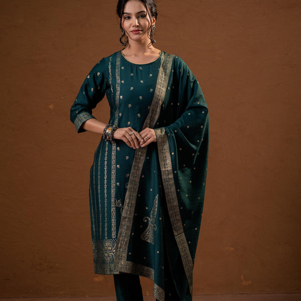 Juniper Green Foil-Print Straight Kurta Set With Pant & Ornate Dupatta - Distacart