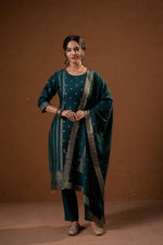 Thumbnail for Juniper Green Foil-Print Straight Kurta Set With Pant & Ornate Dupatta - Distacart