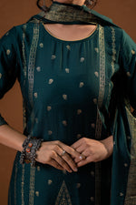 Thumbnail for Juniper Green Foil-Print Straight Kurta Set With Pant & Ornate Dupatta - Distacart