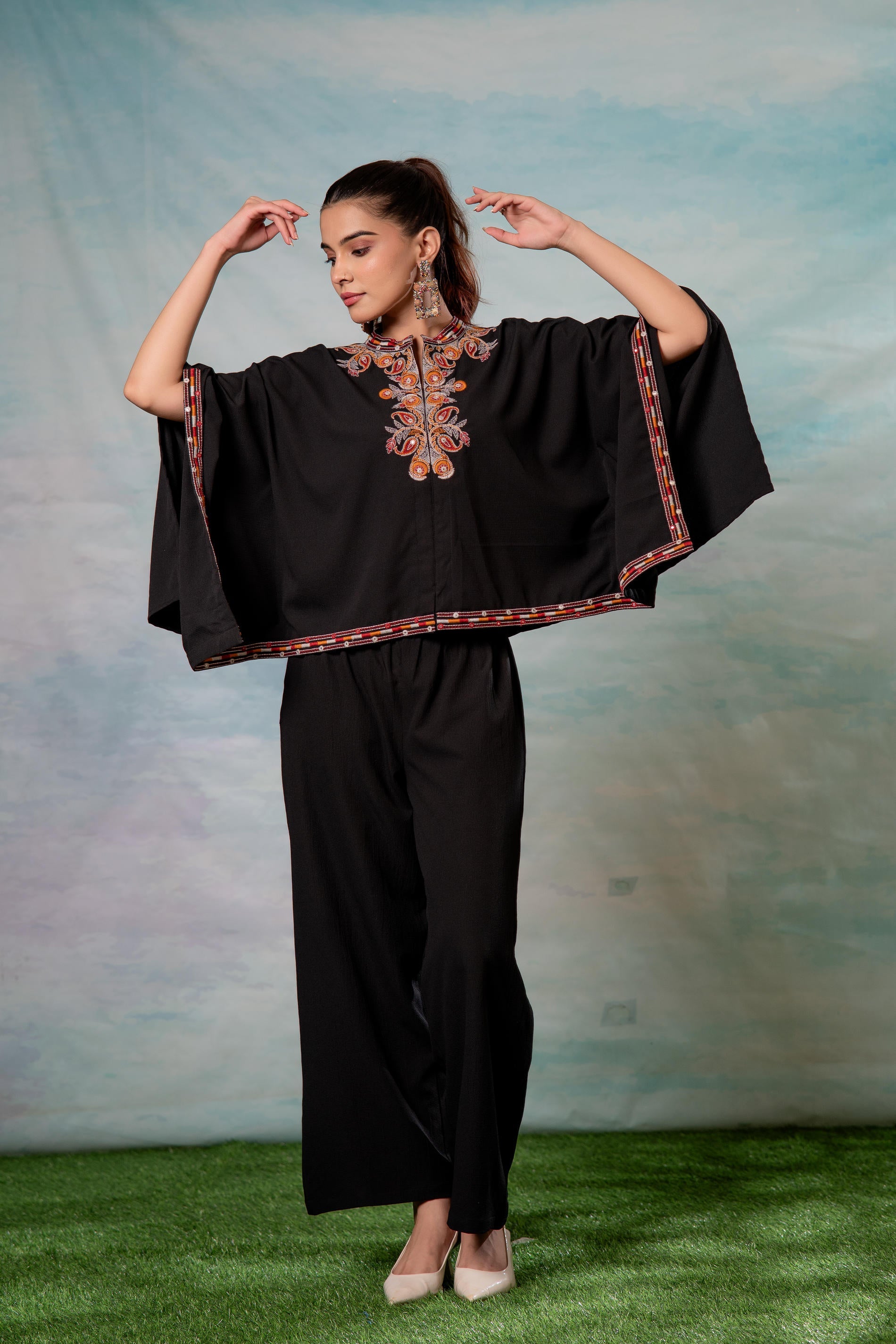 Juniper Black Embroidered Cape Tunic With Matching Palazzo Pants - Distacart