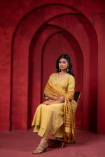 Thumbnail for Juniper Mustard Elegance Chanderi Kurta Set With Geometric Dupatta