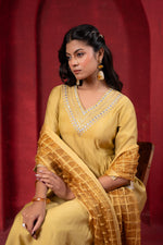 Thumbnail for Juniper Mustard Elegance Chanderi Kurta Set With Geometric Dupatta